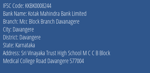 Kotak Mahindra Bank Mcc Block Branch Davanagere Branch Davangere IFSC Code KKBK0008244