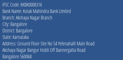 Kotak Mahindra Bank Akshaya Nagar Branch Branch Bangalore IFSC Code KKBK0008316