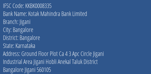 Kotak Mahindra Bank Jigani Branch Bangalore IFSC Code KKBK0008335