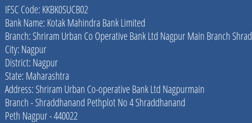 Kotak Mahindra Bank Shriram Urban Co Operative Bank Ltd Nagpur Main Branch Shraddhanand Peth Branch Nagpur IFSC Code KKBK0SUCB02