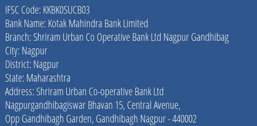 Kotak Mahindra Bank Shriram Urban Co Operative Bank Ltd Nagpur Gandhibag Branch Nagpur IFSC Code KKBK0SUCB03