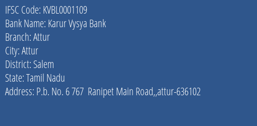 Karur Vysya Bank Attur Branch Salem IFSC Code KVBL0001109