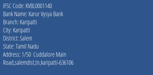 Karur Vysya Bank Karipatti Branch Salem IFSC Code KVBL0001140