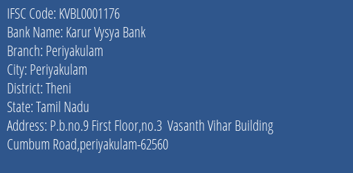 Karur Vysya Bank Periyakulam Branch Theni IFSC Code KVBL0001176