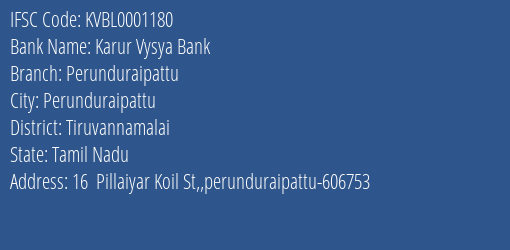 Karur Vysya Bank Perunduraipattu Branch Tiruvannamalai IFSC Code KVBL0001180