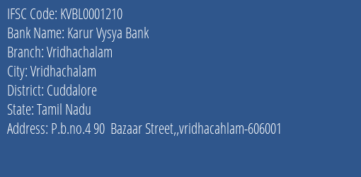 Karur Vysya Bank Vridhachalam Branch Cuddalore IFSC Code KVBL0001210