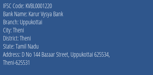 Karur Vysya Bank Uppukottai Branch Theni IFSC Code KVBL0001220