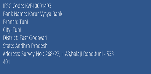 Karur Vysya Bank Tuni Branch East Godavari IFSC Code KVBL0001493