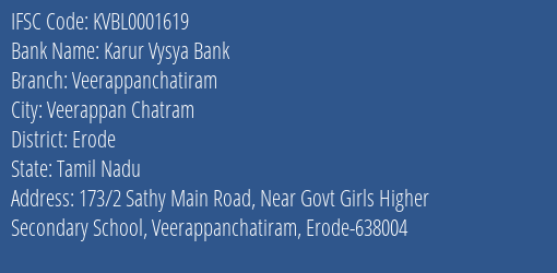 Karur Vysya Bank Veerappanchatiram Branch Erode IFSC Code KVBL0001619