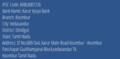 Karur Vysya Bank Koombur Branch Dindigul IFSC Code KVBL0001726