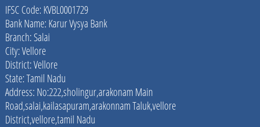 Karur Vysya Bank Salai Branch Vellore IFSC Code KVBL0001729