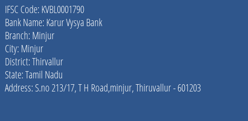 Karur Vysya Bank Minjur Branch Thirvallur IFSC Code KVBL0001790
