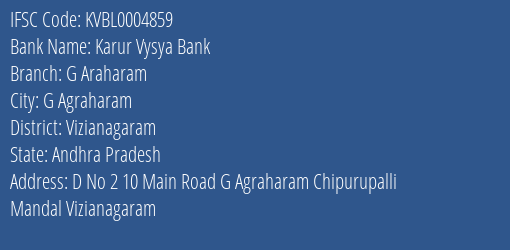 Karur Vysya Bank G Araharam Branch Vizianagaram IFSC Code KVBL0004859