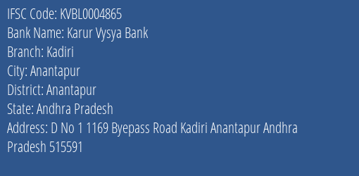 Karur Vysya Bank Kadiri Branch Anantapur IFSC Code KVBL0004865
