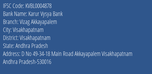 Karur Vysya Bank Vizag Akkayapalem Branch Visakhapatnam IFSC Code KVBL0004878