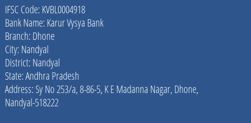 Karur Vysya Bank Dhone Branch Nandyal IFSC Code KVBL0004918