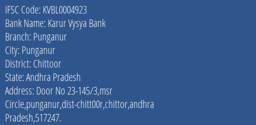 Karur Vysya Bank Punganur Branch Chittoor IFSC Code KVBL0004923