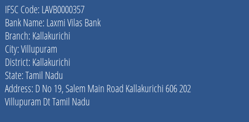 Laxmi Vilas Bank Kallakurichi Branch, Branch Code 000357 & IFSC Code LAVB0000357