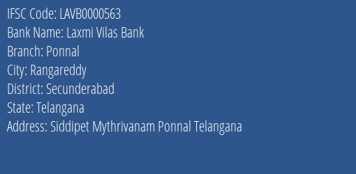 Laxmi Vilas Bank Ponnal Branch Secunderabad IFSC Code LAVB0000563