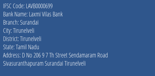 Laxmi Vilas Bank Surandai Branch Tirunelveli IFSC Code LAVB0000699