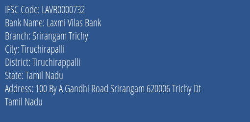 Laxmi Vilas Bank Srirangam Trichy Branch Tiruchirappalli IFSC Code LAVB0000732