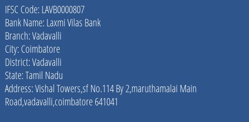 Laxmi Vilas Bank Vadavalli Branch Vadavalli IFSC Code LAVB0000807