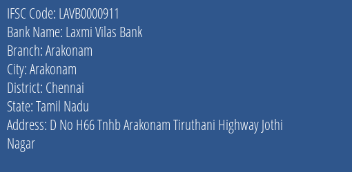Laxmi Vilas Bank Arakonam Branch, Branch Code 000911 & IFSC Code Lavb0000911