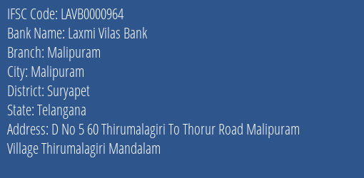Laxmi Vilas Bank Malipuram Branch Suryapet IFSC Code LAVB0000964