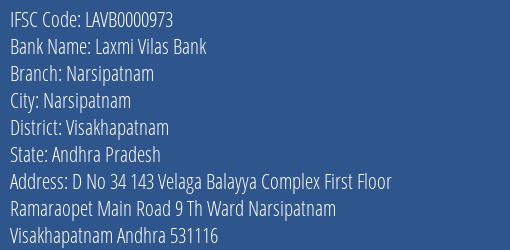 Laxmi Vilas Bank Narsipatnam Branch, Branch Code 000973 & IFSC Code LAVB0000973