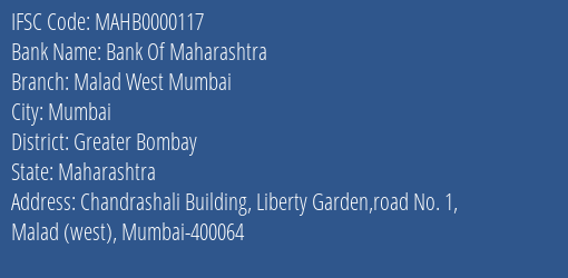 Bank Of Maharashtra Malad West Mumbai Branch, Branch Code 000117 & IFSC Code Mahb0000117