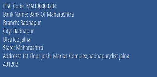 Bank Of Maharashtra Badnapur Branch, Branch Code 000204 & IFSC Code Mahb0000204