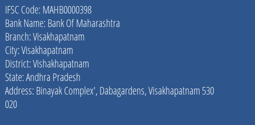 Bank Of Maharashtra Visakhapatnam Branch Vishakhapatnam IFSC Code MAHB0000398