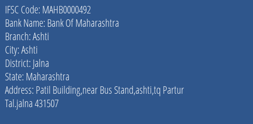 Bank Of Maharashtra Ashti Branch, Branch Code 000492 & IFSC Code Mahb0000492