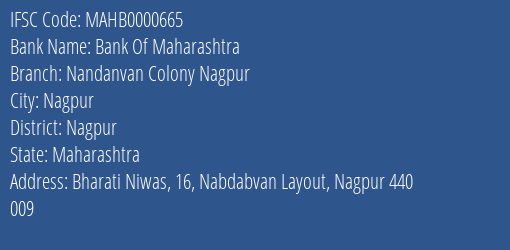 Bank Of Maharashtra Nandanvan Colony Nagpur Branch, Branch Code 000665 & IFSC Code MAHB0000665