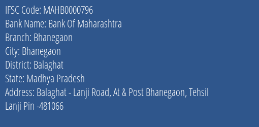 Bank Of Maharashtra Bhanegaon Branch Balaghat IFSC Code MAHB0000796
