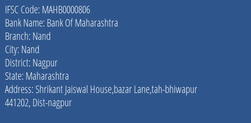 Bank Of Maharashtra Nand Branch, Branch Code 000806 & IFSC Code Mahb0000806