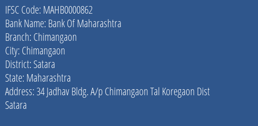 Bank Of Maharashtra Chimangaon Branch, Branch Code 000862 & IFSC Code Mahb0000862
