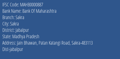 Bank Of Maharashtra Sakra Branch Jabalpur IFSC Code MAHB0000887