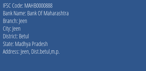 Bank Of Maharashtra Jeen Branch Betul IFSC Code MAHB0000888