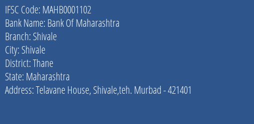 Bank Of Maharashtra Shivale Branch, Branch Code 001102 & IFSC Code Mahb0001102