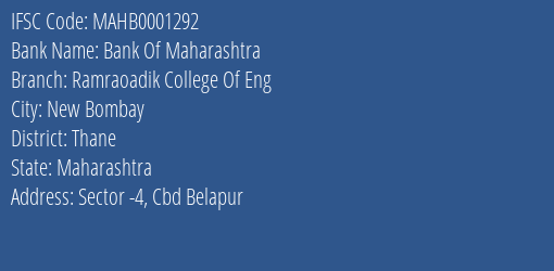 Bank Of Maharashtra Ramraoadik College Of Eng Branch, Branch Code 001292 & IFSC Code Mahb0001292