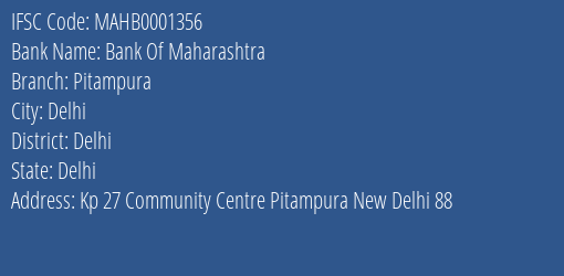 Bank Of Maharashtra Pitampura Branch Delhi IFSC Code MAHB0001356