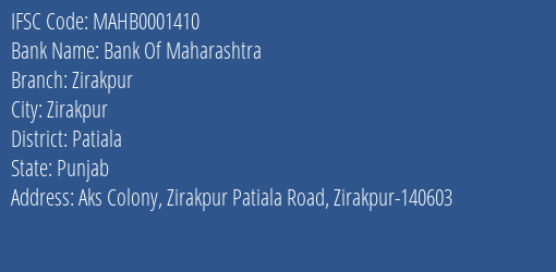 Bank Of Maharashtra Zirakpur Branch Patiala IFSC Code MAHB0001410
