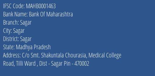 Bank Of Maharashtra Sagar Branch, Branch Code 001463 & IFSC Code MAHB0001463