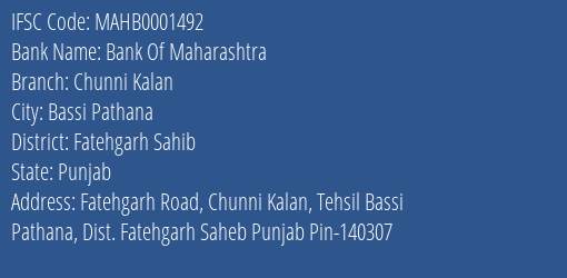 Bank Of Maharashtra Chunni Kalan Branch Fatehgarh Sahib IFSC Code MAHB0001492