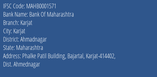 Bank Of Maharashtra Karjat Branch, Branch Code 001571 & IFSC Code Mahb0001571