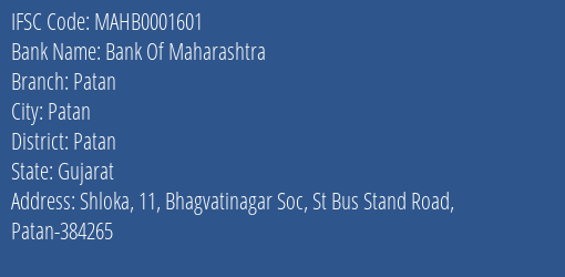 Bank Of Maharashtra Patan Branch, Branch Code 001601 & IFSC Code MAHB0001601