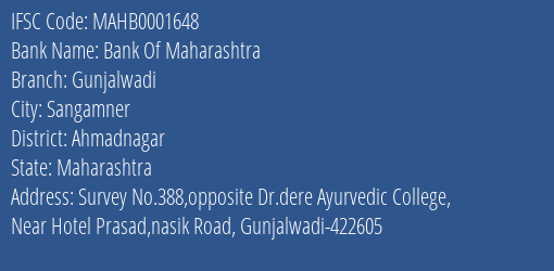 Bank Of Maharashtra Gunjalwadi Branch, Branch Code 001648 & IFSC Code Mahb0001648