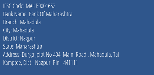 Bank Of Maharashtra Mahadula Branch, Branch Code 001652 & IFSC Code Mahb0001652
