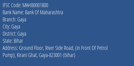 Bank Of Maharashtra Gaya Branch, Branch Code 001800 & IFSC Code MAHB0001800